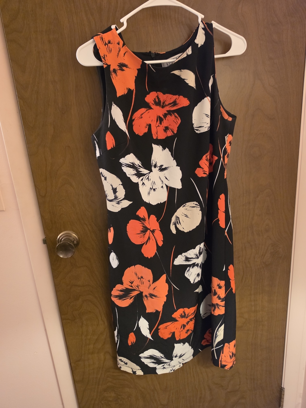 Kasper Black Sleeveless Shift Dress with Orange and White Floral Print Size 8